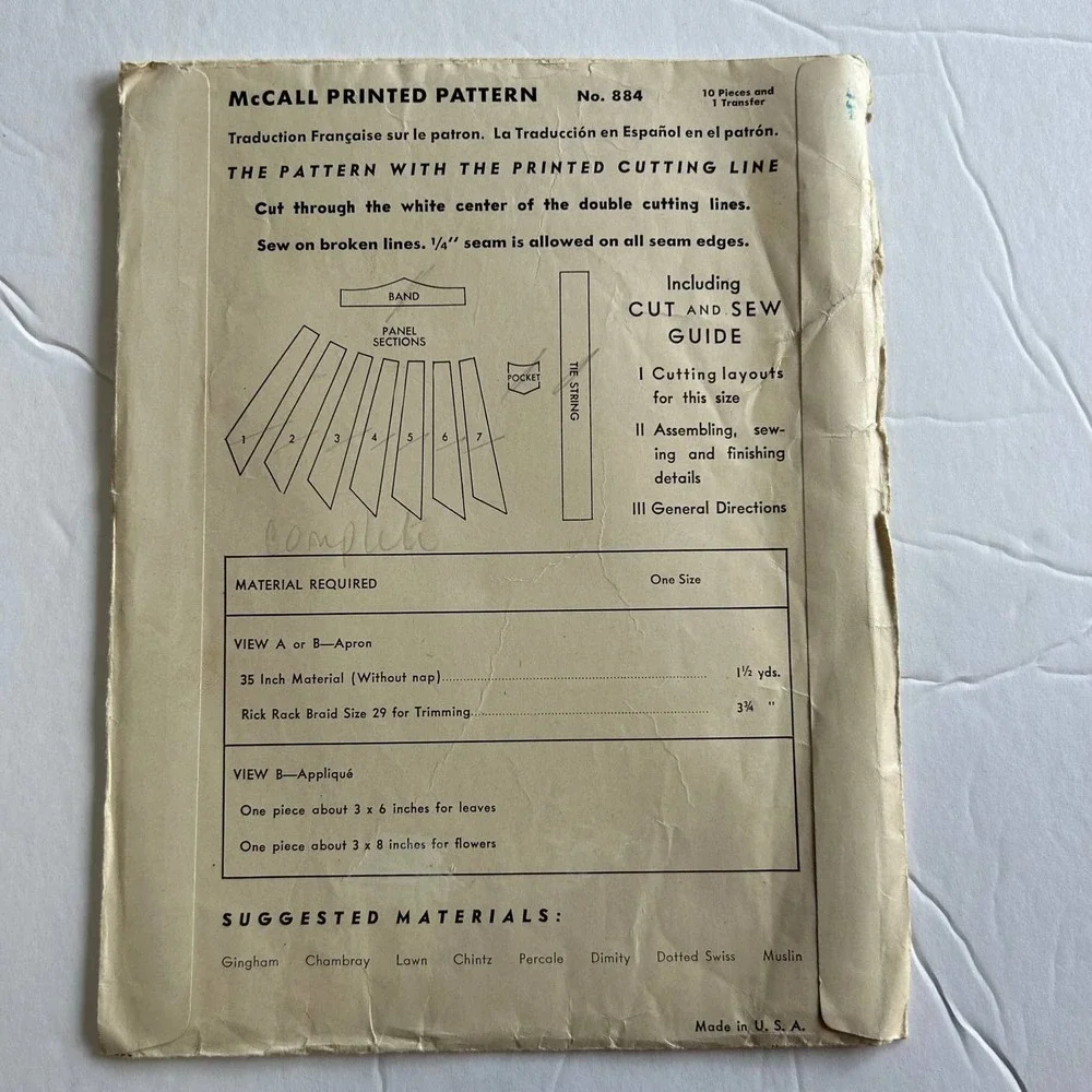 McCalls Vintage‎ 1940's Pattern #884 Necktie Apron One Size